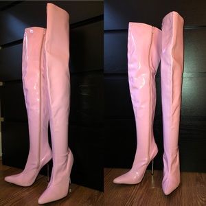 Pink patent faux leather over the knee boots